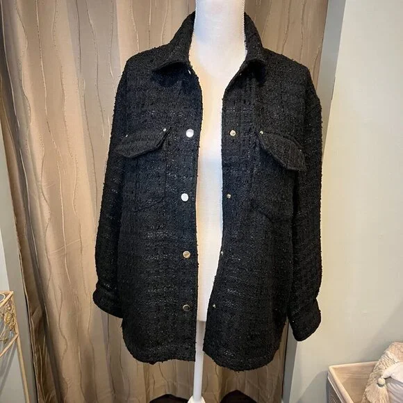 Zara Black Tweed Oversized Shirt Jacket, Size Small - Picture 4 of 16
